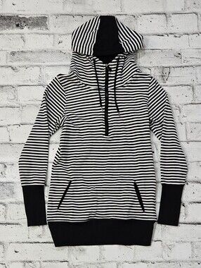 JBCO Jeans Striped Hoodie Tunic Black White Long Sleeve Cowl Neck